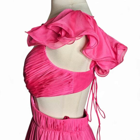 Mac Duggal 70254 Ruched Ruffled Shoulder Cut Out Lace Up Gown in Hot Pink Size 8 - Picture 14 of 14